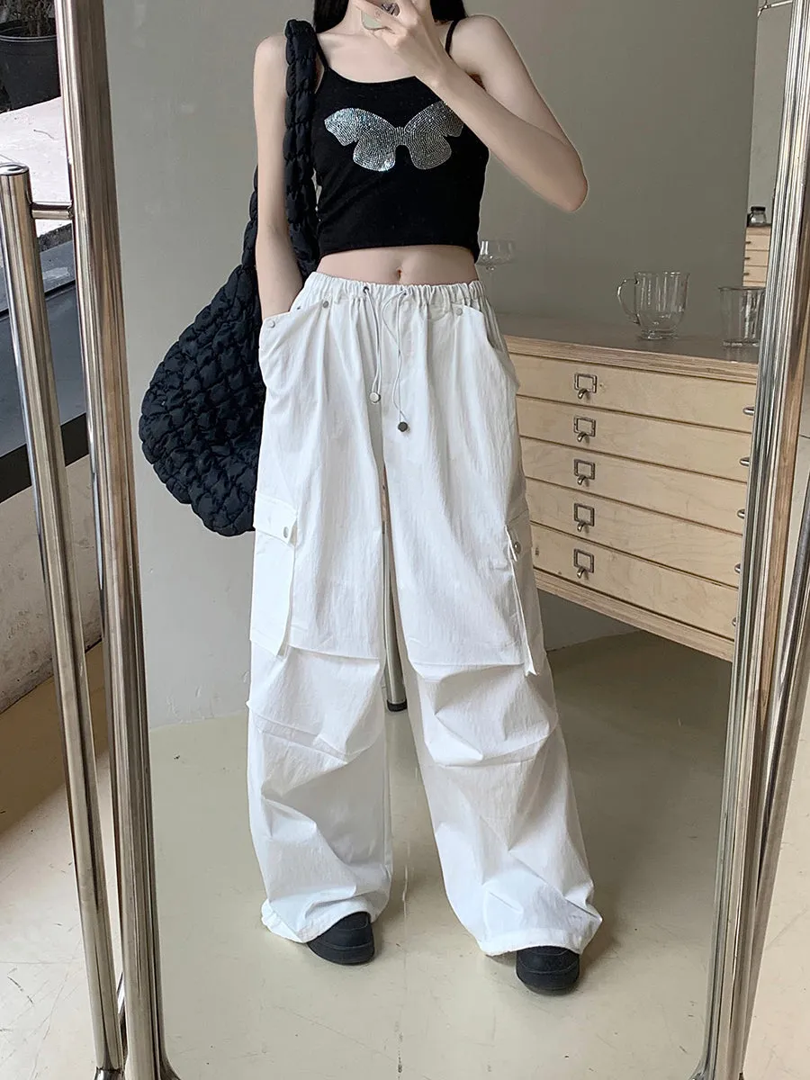 N16 New High Street Drawstring Loose Design Trousers Straight White Overalls for Women