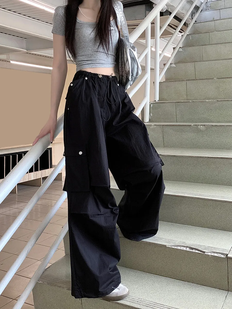 N16 New High Street Drawstring Loose Design Trousers Straight White Overalls for Women