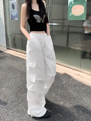 N16 New High Street Drawstring Loose Design Trousers Straight White Overalls for Women