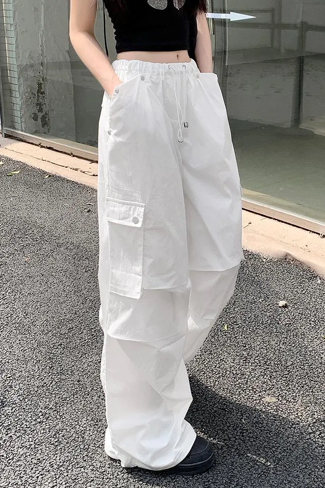 N16 New High Street Drawstring Loose Design Trousers Straight White Overalls for Women