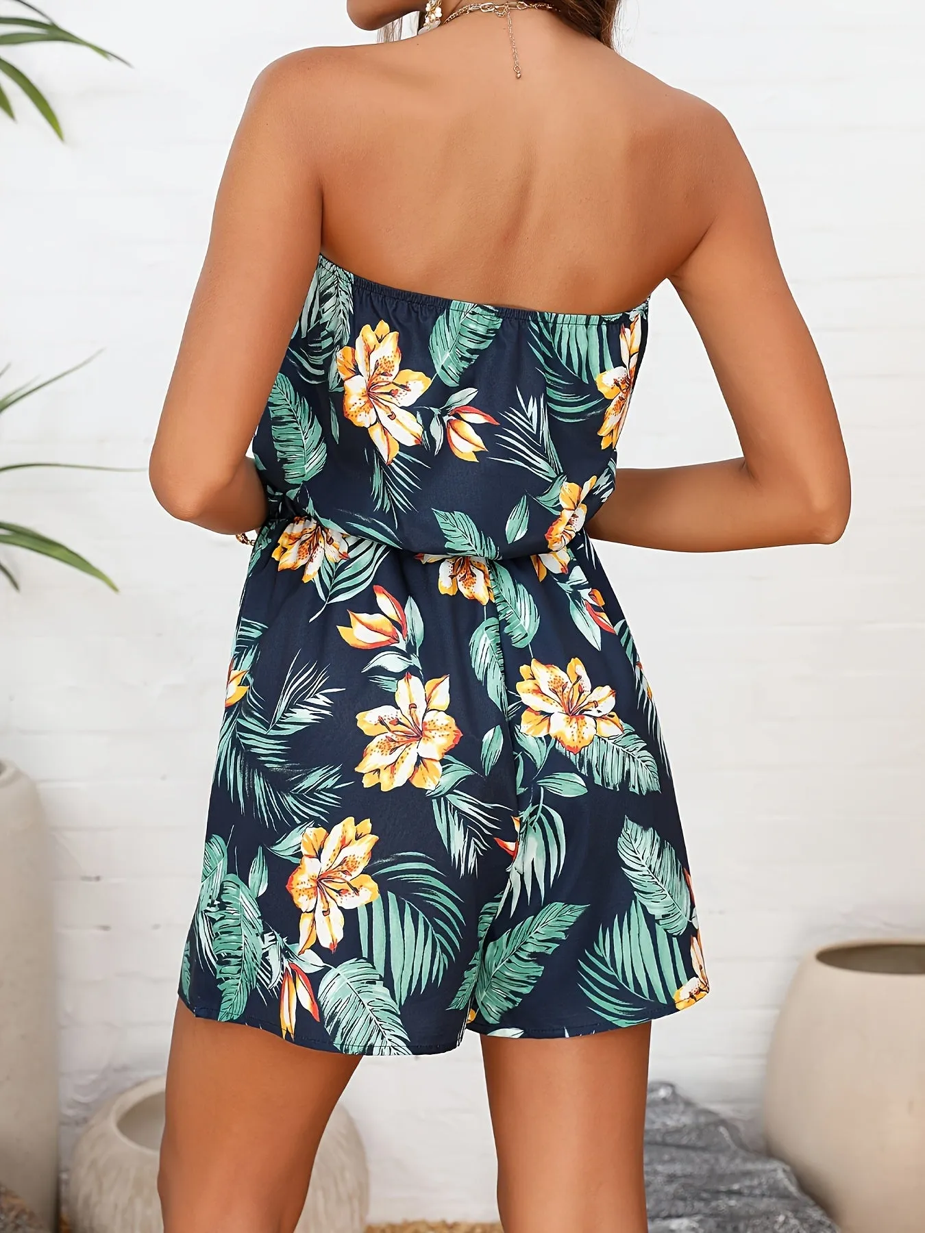 Navy Blue Printed Bandeau Romper
