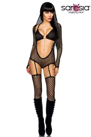 Netted Dancewear Hooded Bodysuit Set