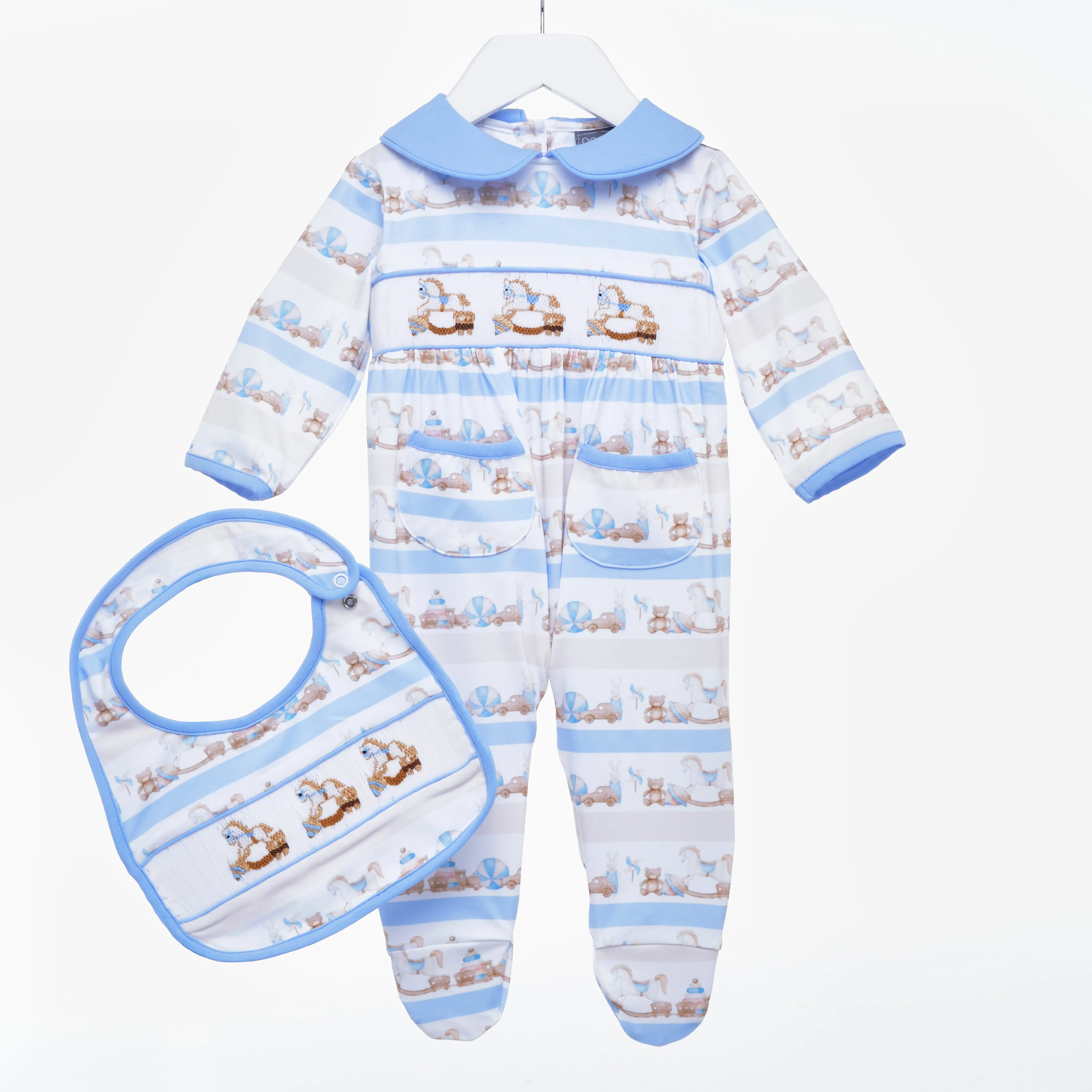 Ocean Baby Boys Smocked Toy Rocking Horse Sleepsuit & Bib Set (NB-12M)