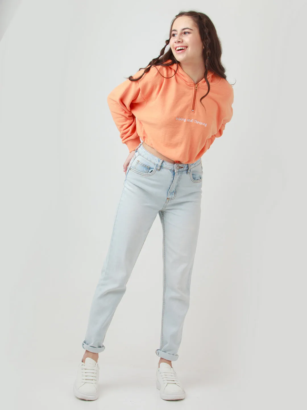 Orange Solid Cropped Sweatshirt