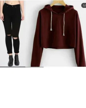 PACK OF 2 MAROON CROPPED HOODIE ND BLACK RIPED JEANS FOR WOMEN