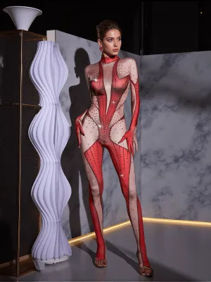 Pera Body Printed Rhinestone Gloves Jumpsuit In Red