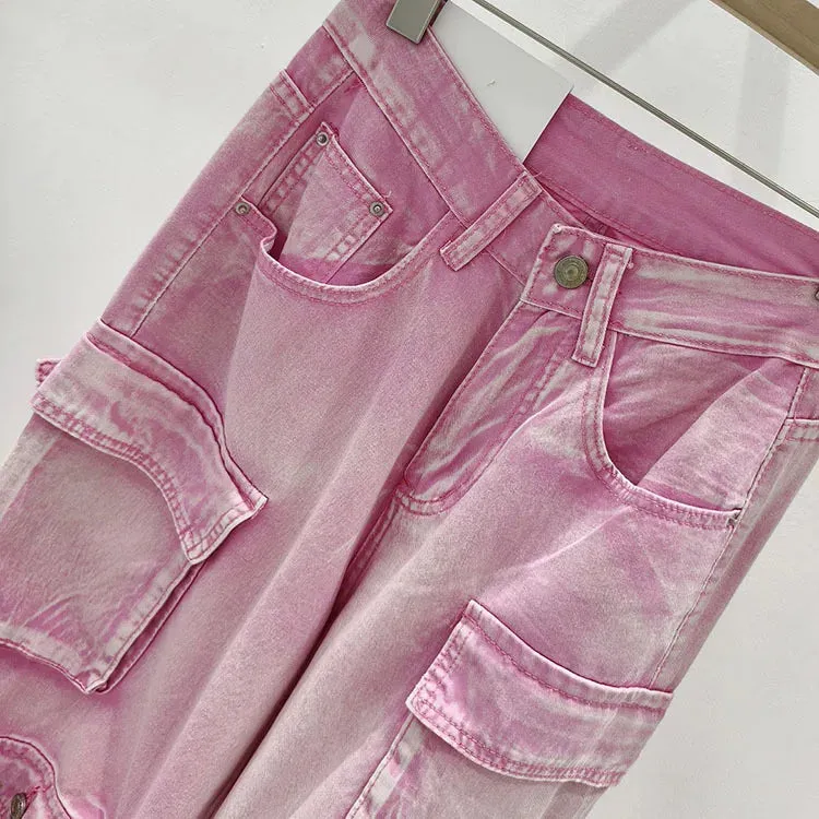 Pink Multi Pocket Overalls Jeans Female Y2K Punk Hip Hop Gothic Loose Fashion Jeans 2024 Autumn New American Retro High Street