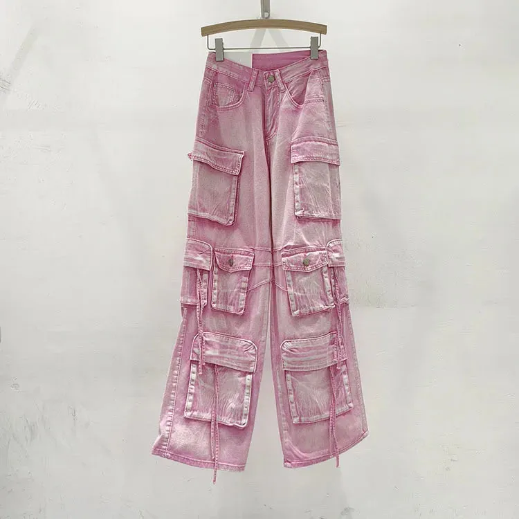 Pink Multi Pocket Overalls Jeans Female Y2K Punk Hip Hop Gothic Loose Fashion Jeans 2024 Autumn New American Retro High Street