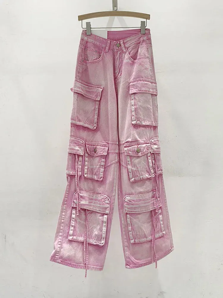 Pink Multi Pocket Overalls Jeans Female Y2K Punk Hip Hop Gothic Loose Fashion Jeans 2024 Autumn New American Retro High Street