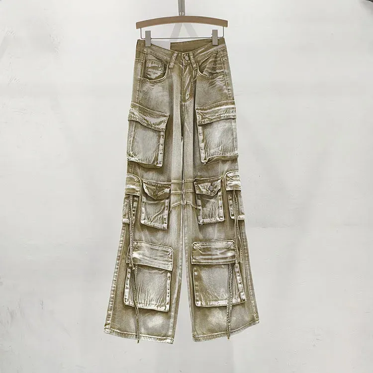 Pink Multi Pocket Overalls Jeans Female Y2K Punk Hip Hop Gothic Loose Fashion Jeans 2024 Autumn New American Retro High Street
