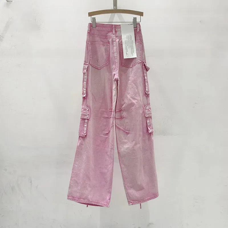 Pink Multi Pocket Overalls Jeans Female Y2K Punk Hip Hop Gothic Loose Fashion Jeans 2024 Autumn New American Retro High Street