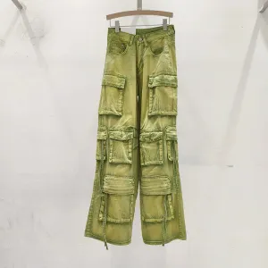 Pink Multi Pocket Overalls Jeans Female Y2K Punk Hip Hop Gothic Loose Fashion Jeans 2024 Autumn New American Retro High Street