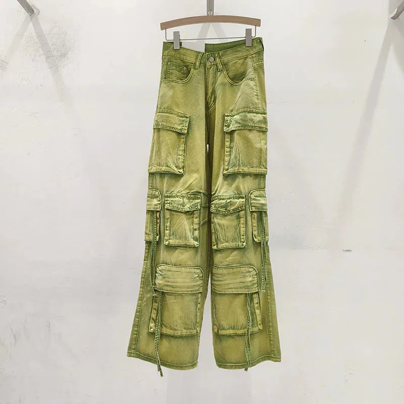 Pink Multi Pocket Overalls Jeans Female Y2K Punk Hip Hop Gothic Loose Fashion Jeans 2024 Autumn New American Retro High Street