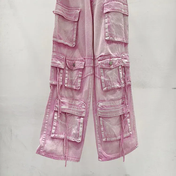 Pink Multi Pocket Overalls Jeans Female Y2K Punk Hip Hop Gothic Loose Fashion Jeans 2024 Autumn New American Retro High Street