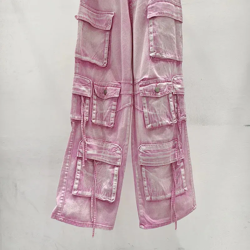 Pink Multi Pocket Overalls Jeans Female Y2K Punk Hip Hop Gothic Loose Fashion Jeans 2024 Autumn New American Retro High Street