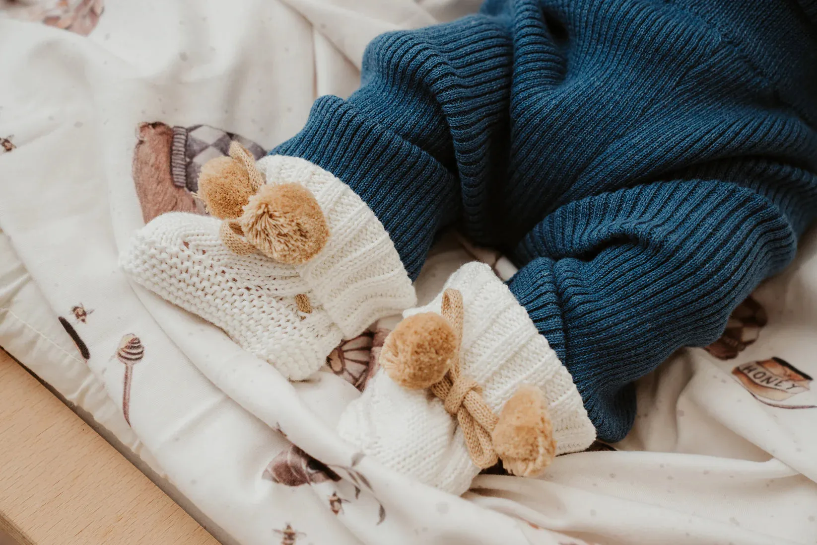 Pom Pom Booties - White   Caramel