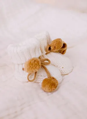 Pom Pom Booties - White   Caramel