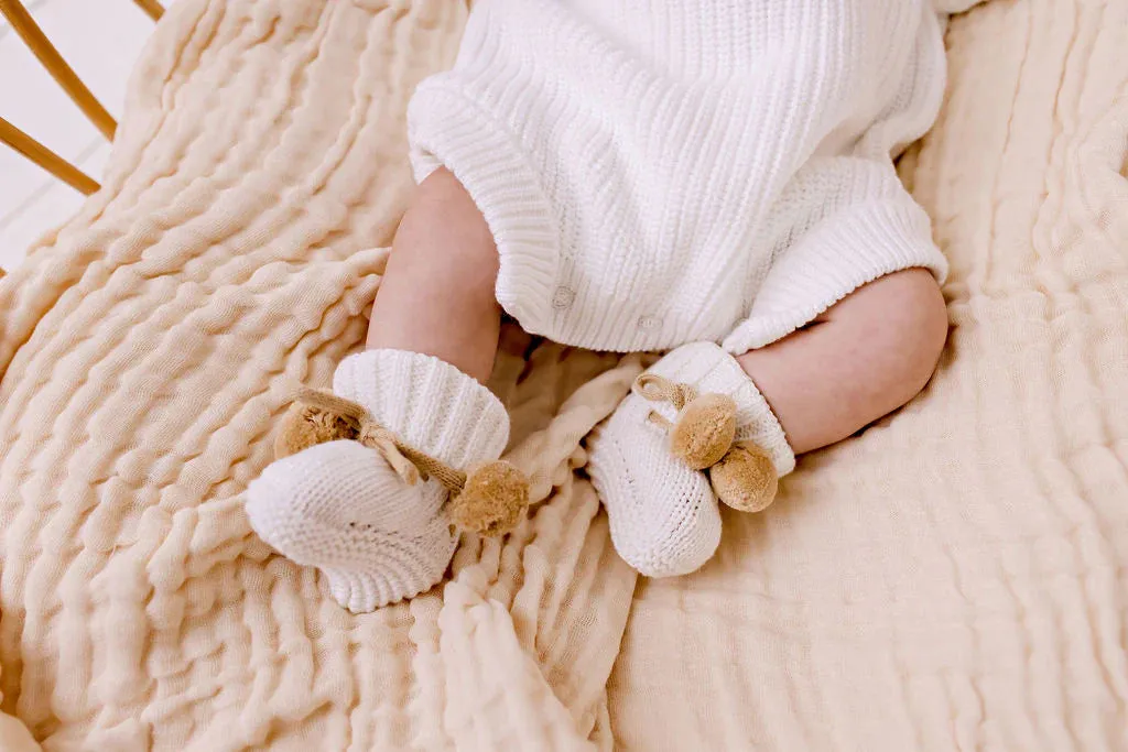 Pom Pom Booties - White   Caramel