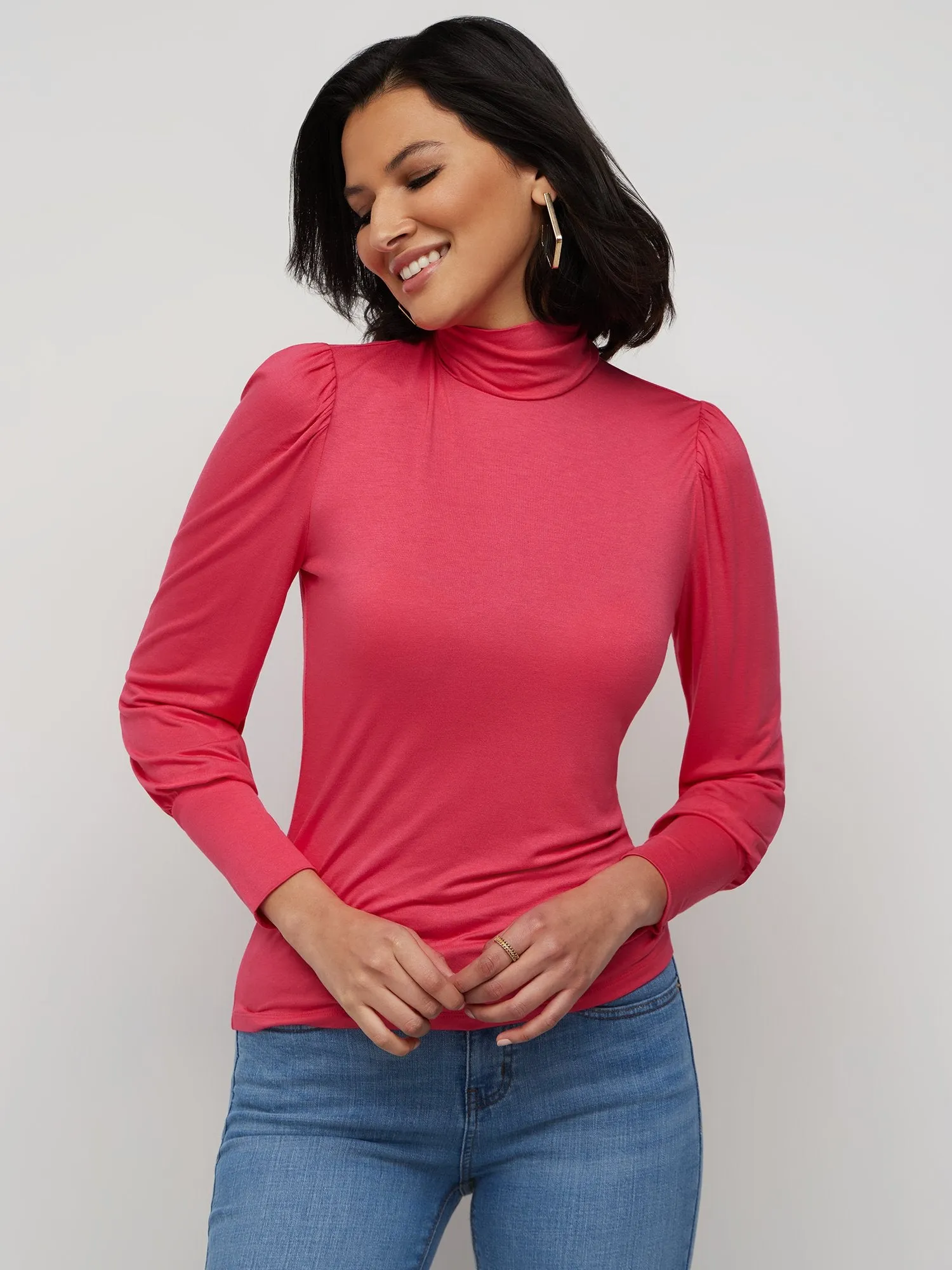 Puff-Shoulder Turtleneck Top