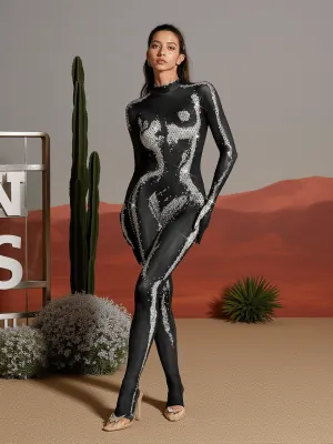 Radek Body Printed Rhinestone Gloves Jumpsuit In Silver