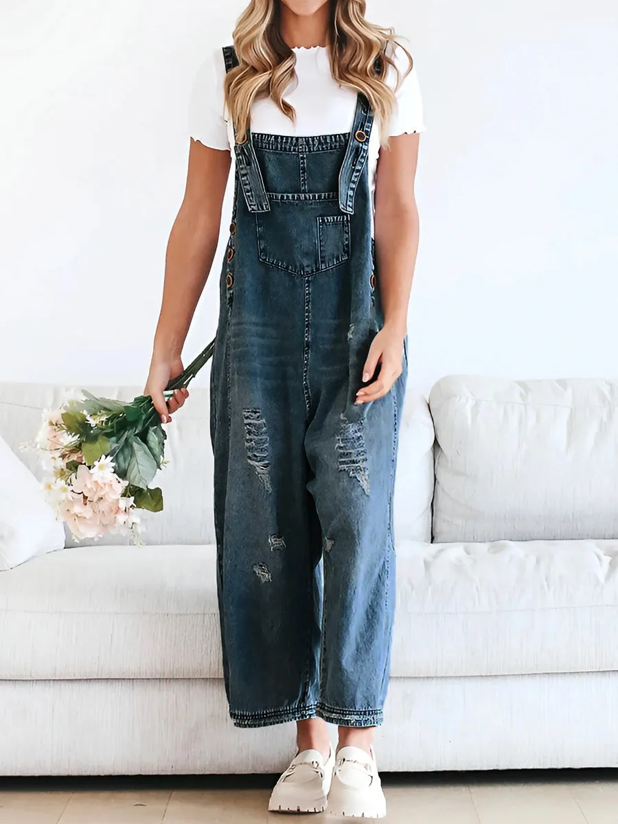 Relaxed Fit Denim Overalls in a Worn-In Look