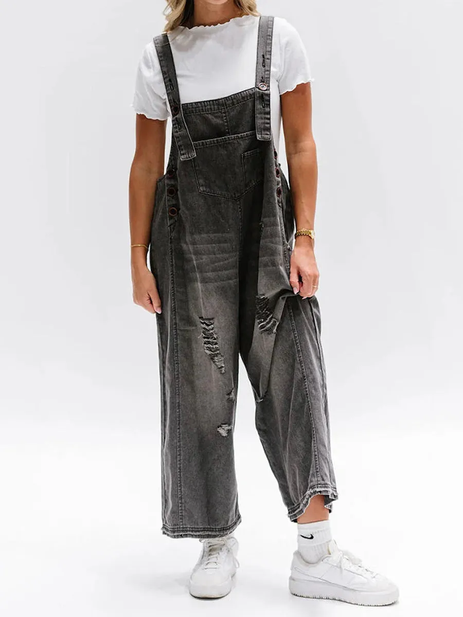 Relaxed Fit Denim Overalls in a Worn-In Look
