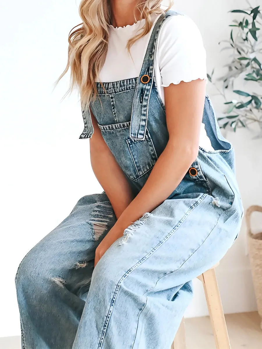 Relaxed Fit Denim Overalls in a Worn-In Look