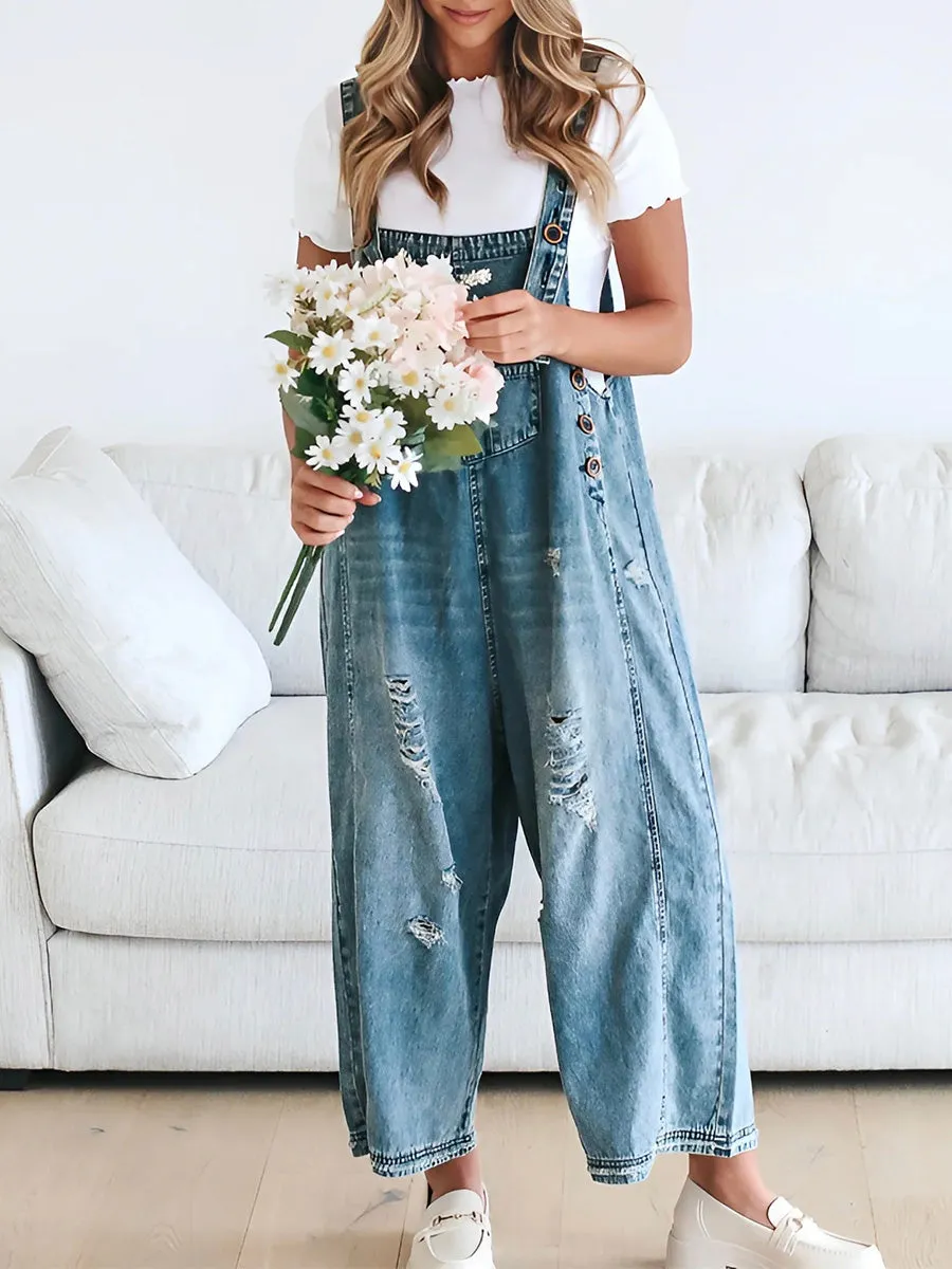 Relaxed Fit Denim Overalls in a Worn-In Look