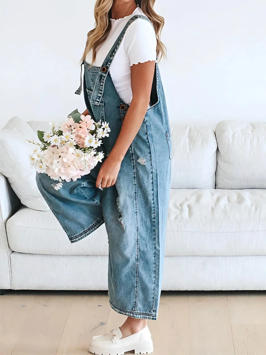 Relaxed Fit Denim Overalls in a Worn-In Look