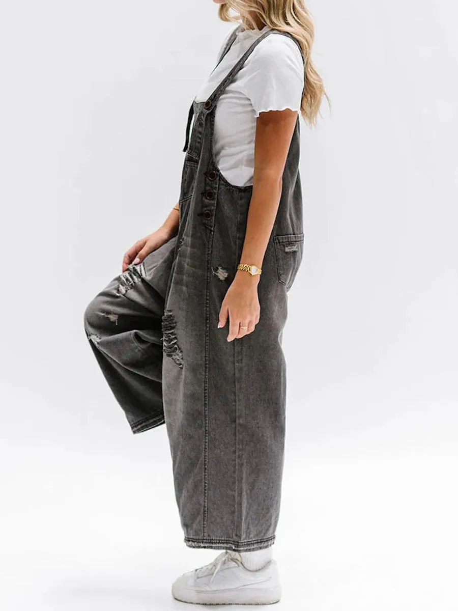 Relaxed Fit Denim Overalls in a Worn-In Look