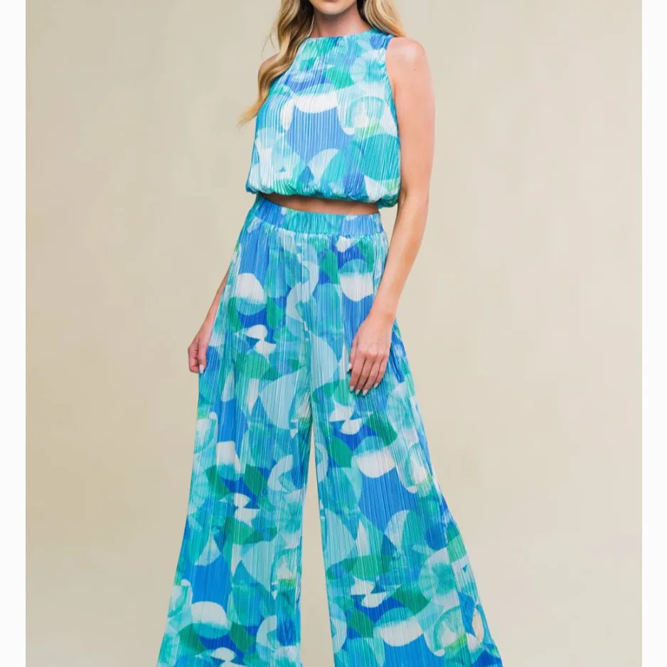River Walk Printed Woven Plisse Top & Pant Set-FINAL SALE