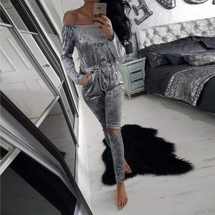 Rompers Women Velvet Jumpsuit Long Sleeveless Playsuit Bodysuit Party Slim Bandage Overalls