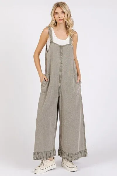 RUFFLED HEM WIDE LEG OVERALLS