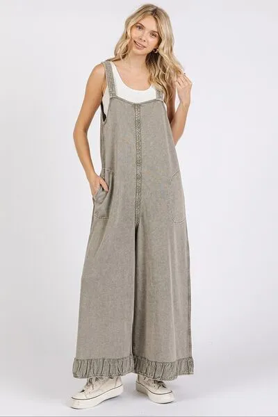 RUFFLED HEM WIDE LEG OVERALLS