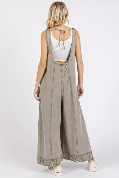 RUFFLED HEM WIDE LEG OVERALLS