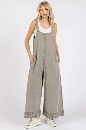 RUFFLED HEM WIDE LEG OVERALLS