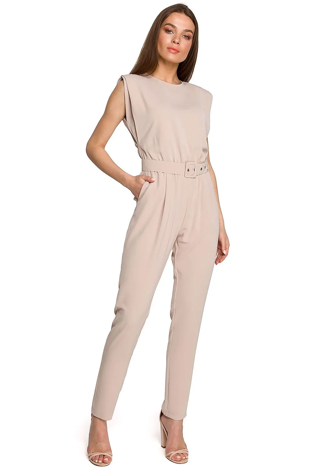 Satin Tapered Jumpsuit with Shoulder Pads