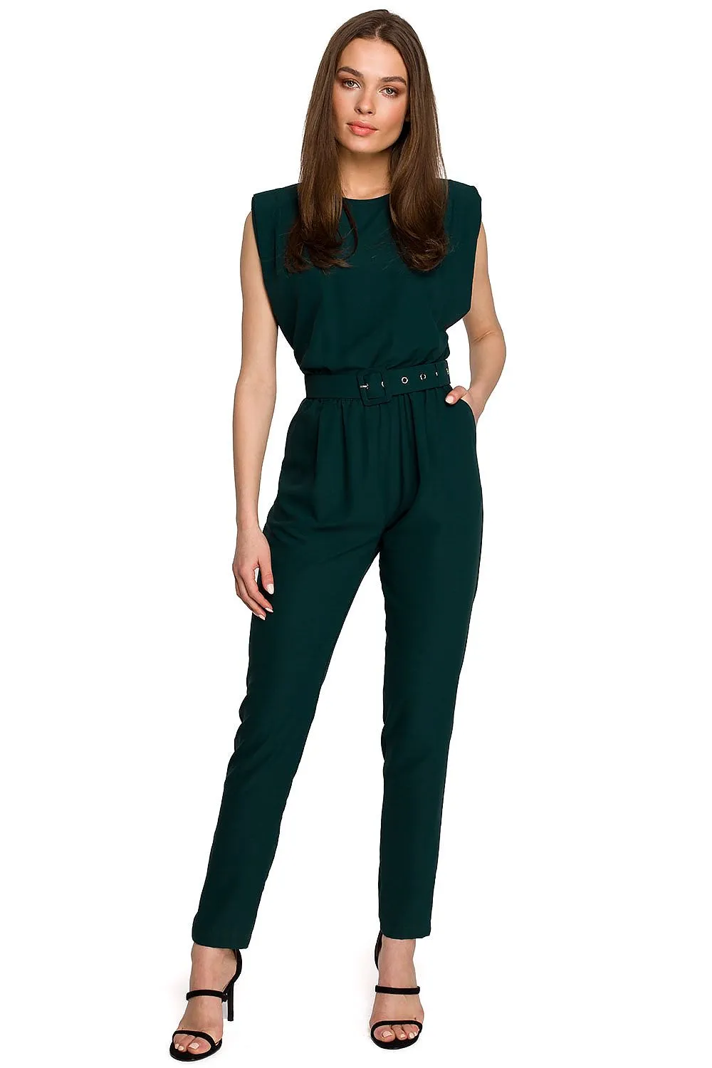 Satin Tapered Jumpsuit with Shoulder Pads