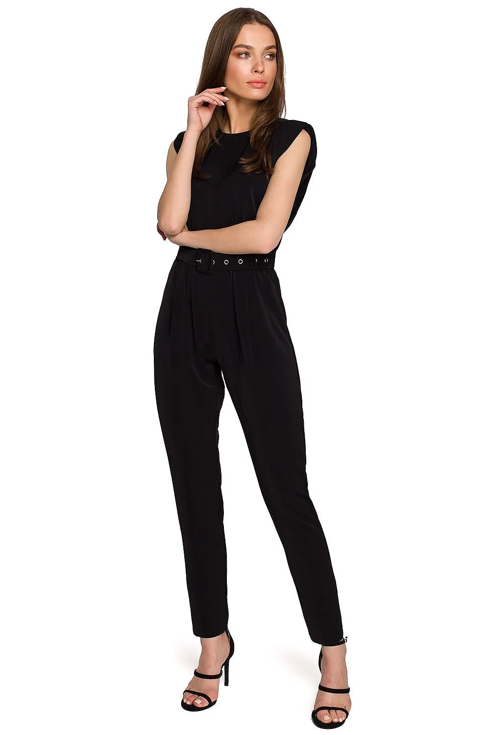 Satin Tapered Jumpsuit with Shoulder Pads