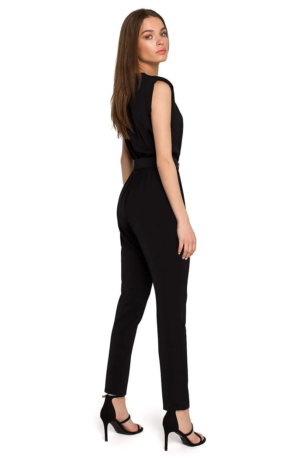Satin Tapered Jumpsuit with Shoulder Pads