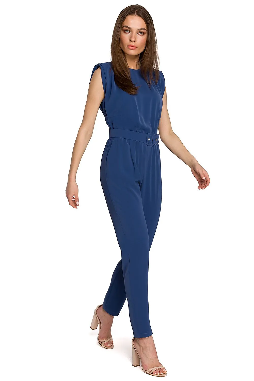 Satin Tapered Jumpsuit with Shoulder Pads