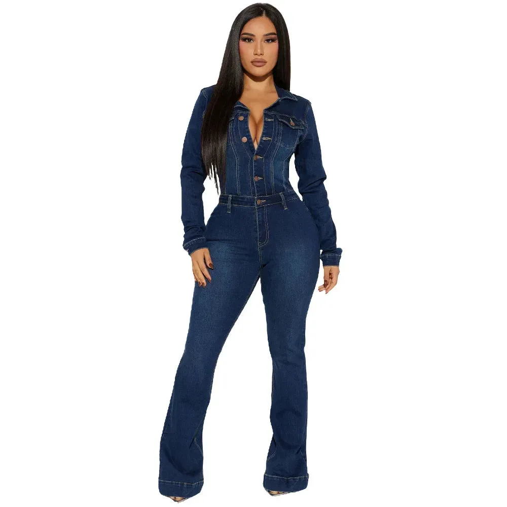 Sexy Wide Leg Denim Stretch Jumpsuit
