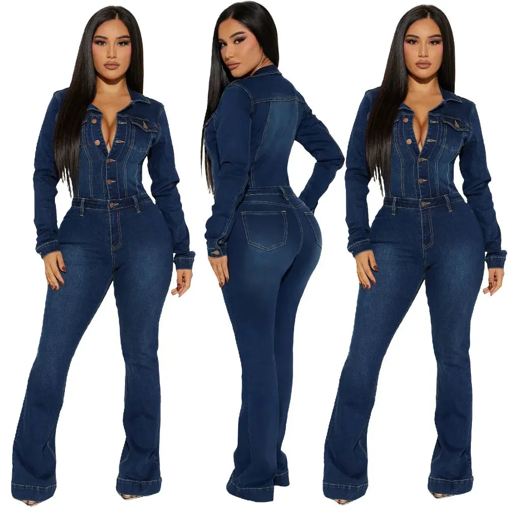 Sexy Wide Leg Denim Stretch Jumpsuit