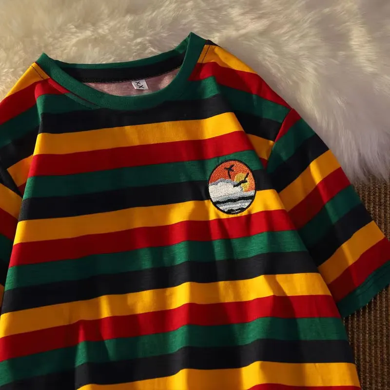 Short Sleeve Pocket Embroidered Striped Shirt