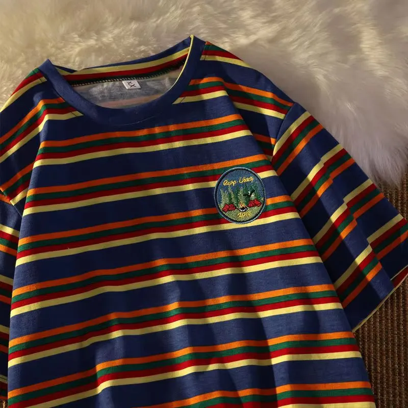 Short Sleeve Pocket Embroidered Striped Shirt