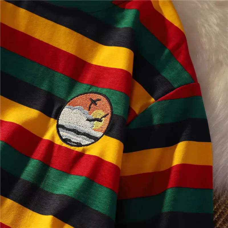 Short Sleeve Pocket Embroidered Striped Shirt