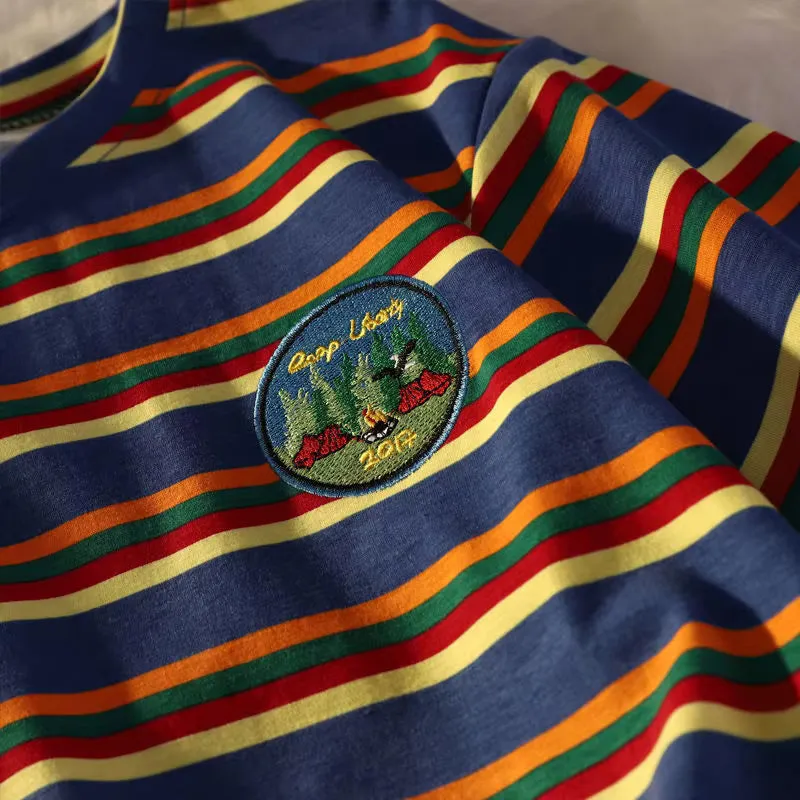 Short Sleeve Pocket Embroidered Striped Shirt