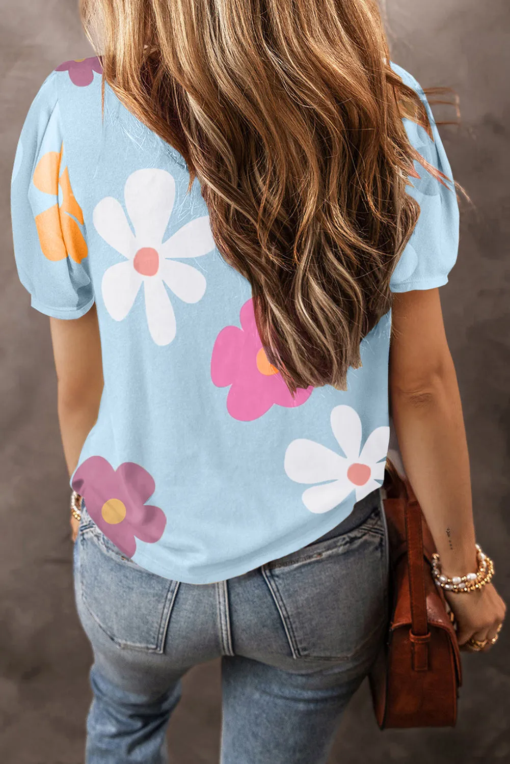 Sky Blue Flower/Bowknot Print Bubble Sleeve Tee