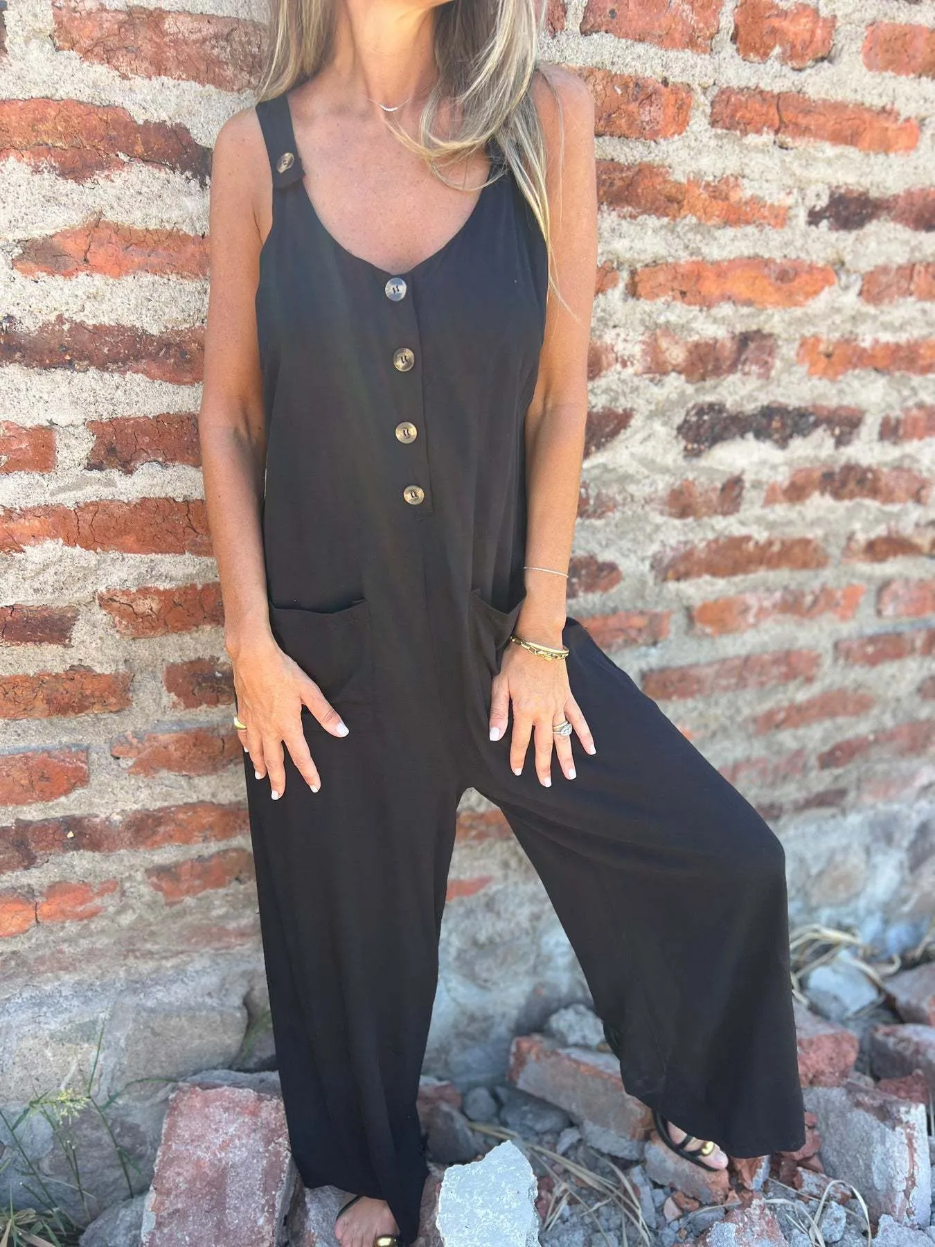 Solid color button pocket loose casual overalls jumpsuit