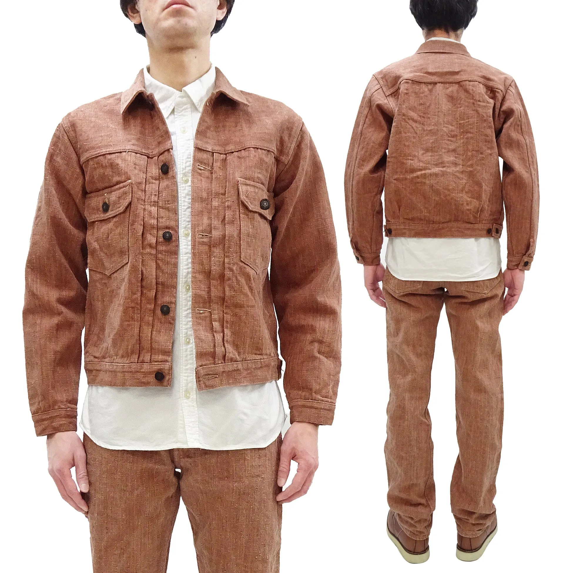 Studio D'artisan Denim Jacket SP-109 Men's 16oz. Natural Persimmon Tannin-Dyed Slub Selvedge Denim 1953 Type 2 Style Jean Jacket Reddish-brown One-Wash